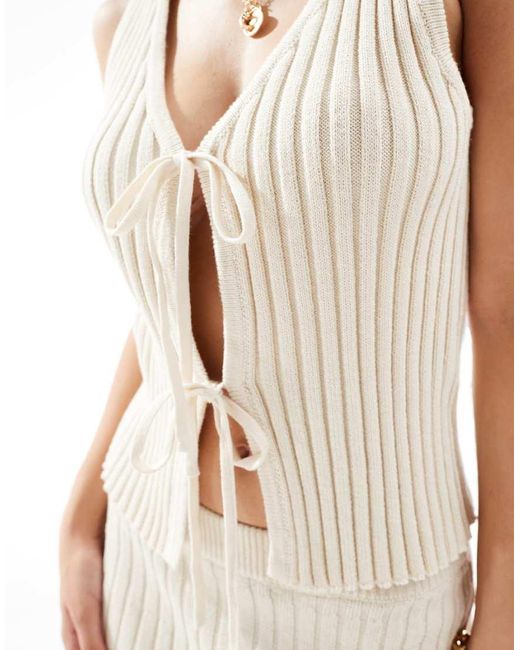 Top Color Crema Con Lazada En La Parte Delantera De Punto De Canalé De (Parte De Un Conjunto)-Blanco Pieces de color White