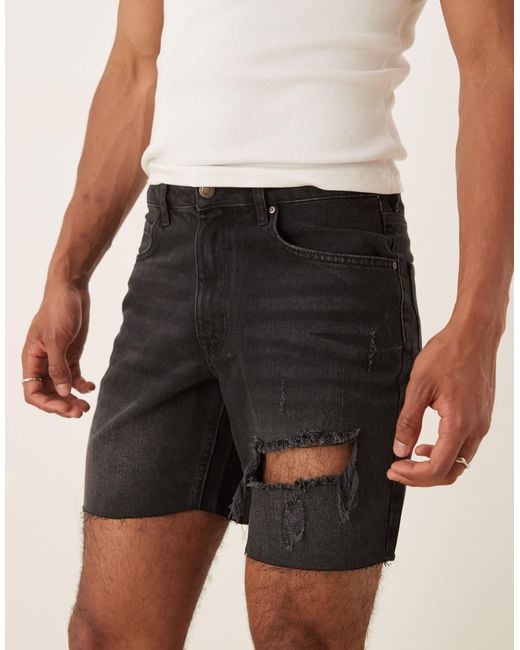 ASOS Natural Mid Length Slim Denim Shorts With Rips for men