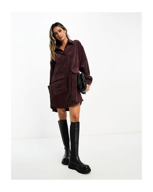 ASOS Purple Oversized Slouchy Cord Mini Shirt Dress With Pocket Detail