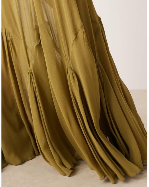 ASOS Green Drop Waist Velvet Maxi Dress With Sheer Godet Skirt