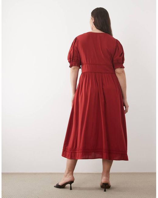 Nobody's Child Red Button Front V-neck Puff Sleeve Midi Dress