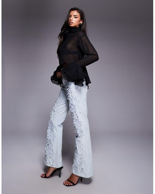 ASOS Blue Denim Pearl Embellished Cornellli Jeans With Organza Flowers