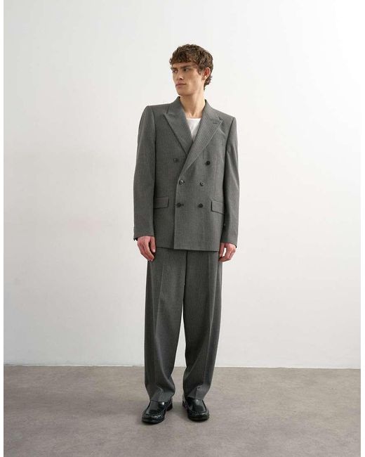 Topman Gray Relaxed Pinstripe Double Breasted Suit Jacket for men