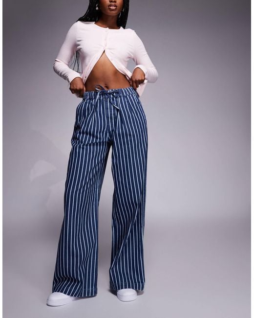 River Island Blue Wide Leg Stripe Jeans With Drawstring Waist