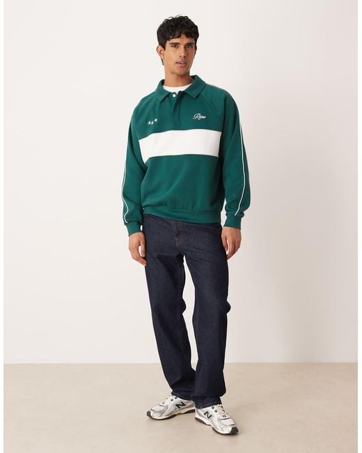 ASOS Green Relaxed Fit Printed Polo Sweatshirt With Cut And Sew Stripe for men