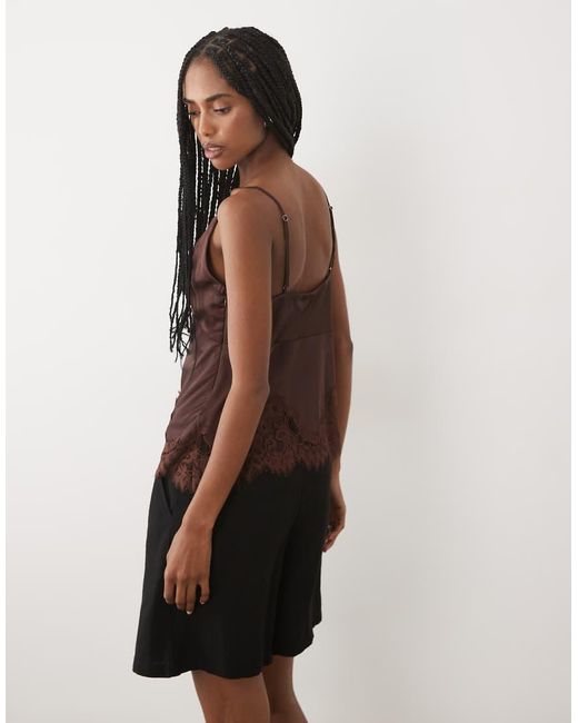Abercrombie & Fitch Brown Tie Front Lace Trim Satin Cami