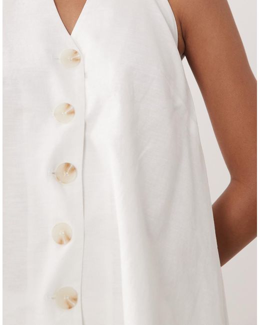 SNDY'S White Cotton & Linen Blend Halterneck Button Through Longline Sleeveless Top Co-ord