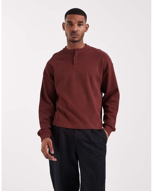 ASOS Oversized Recht T-Shirt Met Lange Mouwen, Wafeltextuur En Henley-Hals in het Red voor heren