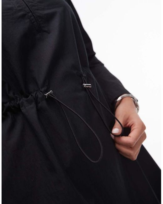 ARKET Black Cotton Rich Long Sleeve Mini Shirt Dress With Cinch Waist Detail