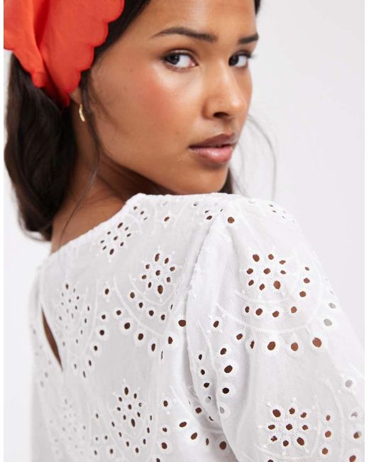 Pieces White Short Sleeve Broderie Top Co-ord