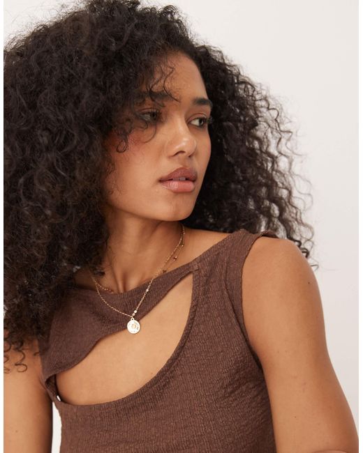 ASOS Brown Slash Neck Cut Out Vest With Pearlised Button Detail