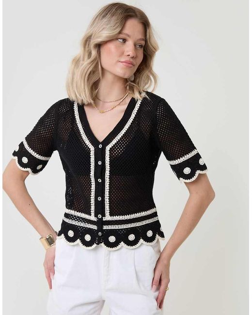 Threadbare Black Crochet Flower Hem Button Up Top