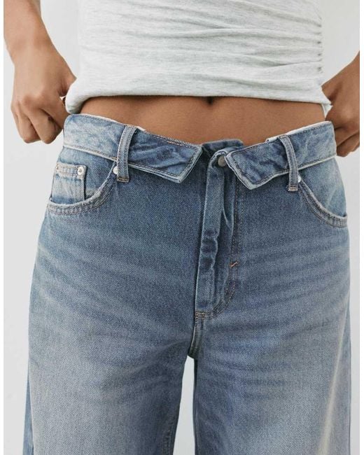 Pull&Bear Blue Relaxed Baggy Jeans With Turn-Up Waist