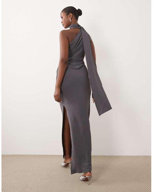 ASOS Gray One Shoulder Gathered Waist Maxi Dress With Scarf