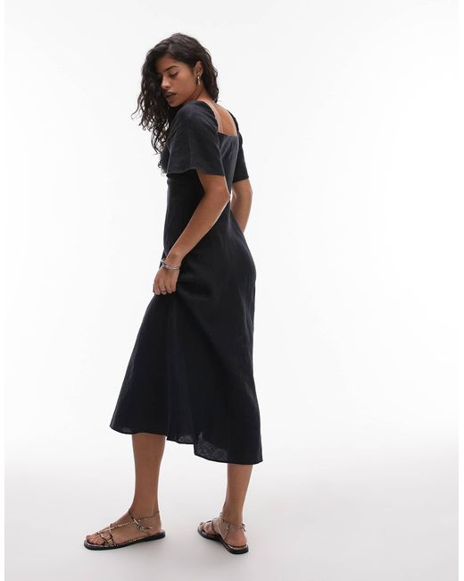 & Other Stories Black Linen Puff Sleeve Midaxi Dress With Twist Sweetheart Neckline
