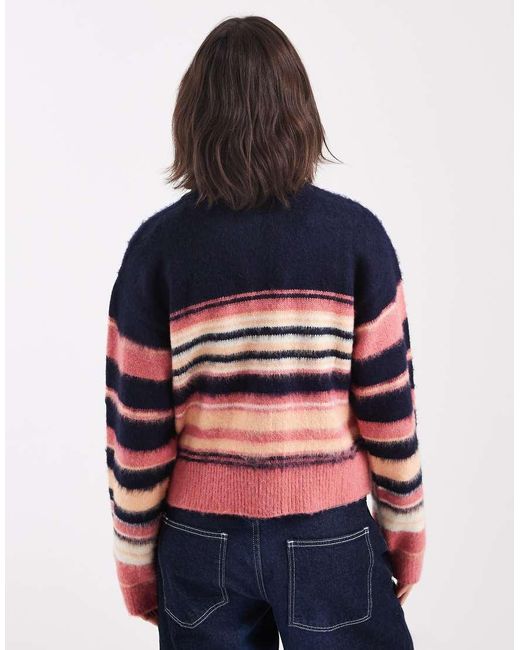 ASOS Blue Brushed Relaxed Stripe Crew Neck Cardigan