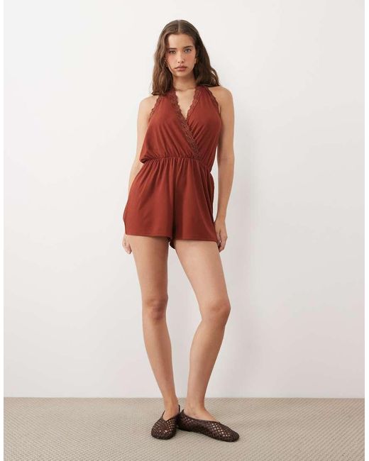 Miss Selfridge Red Wrap Playsuit With Scallop Lace Trim