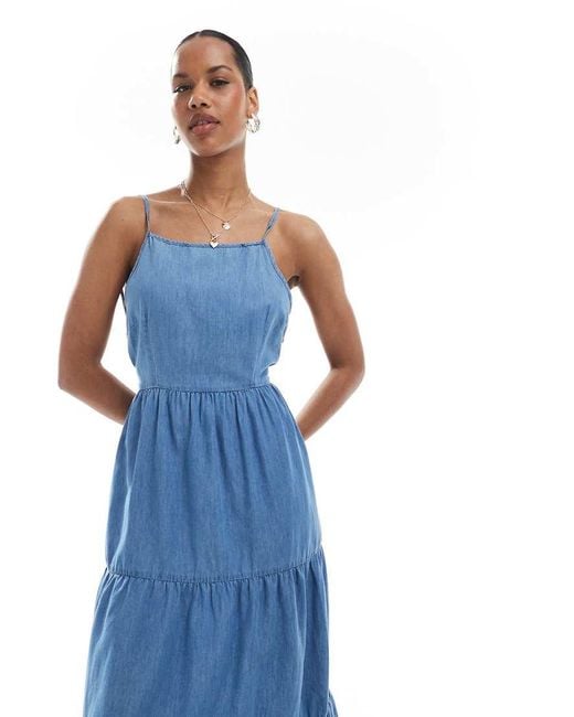 ONLY Blue Tiered Midaxi Cami Dress With Open Back