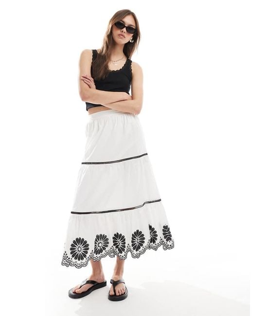 New Look White Tiered Floral Hem Midi Skirt