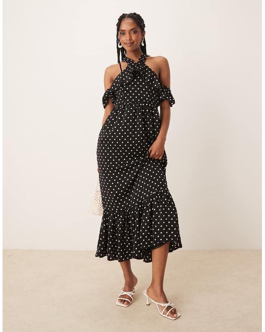 Lovedrobe Natural Polka Dot Could Shoulder Halter Neck Midaxi Dress