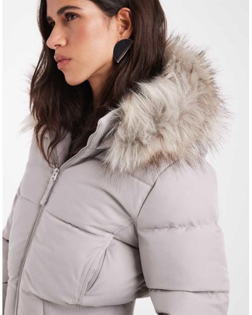 Hollister Gray Cropped Nylon Puffer Jacket With Faux Fur Hood