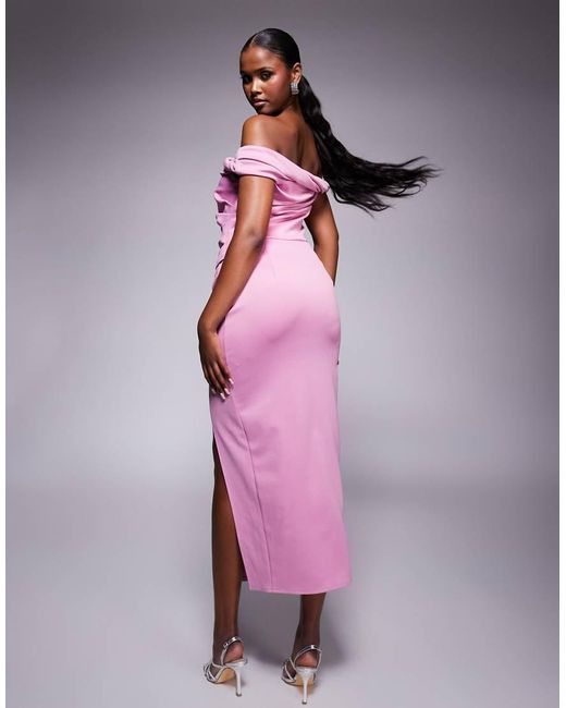Vestito Midi Fasciante Color Malva Strutturato Con Scollo Alla Bardot Intrecciato di ASOS in Pink
