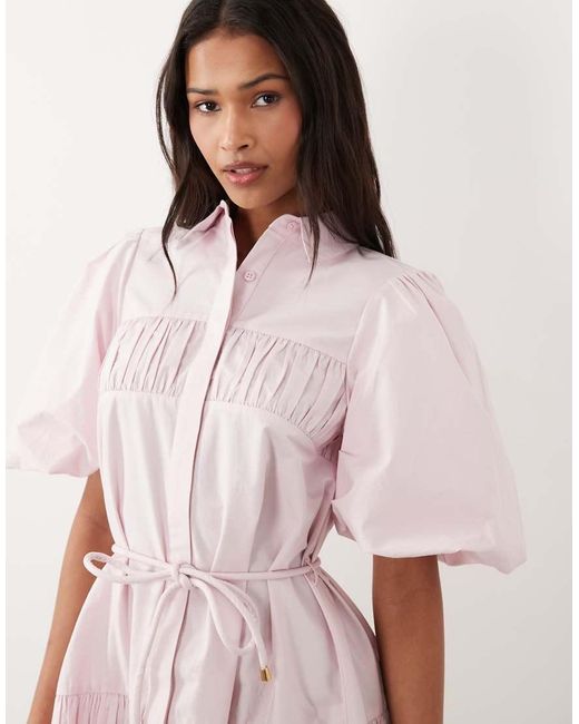 ASOS Pink Shirt Mini Dress With Puff Sleeve And Tie Detail