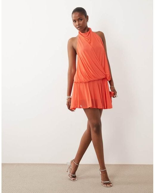 ASOS Red Mesh Draped Halter Mini Dress