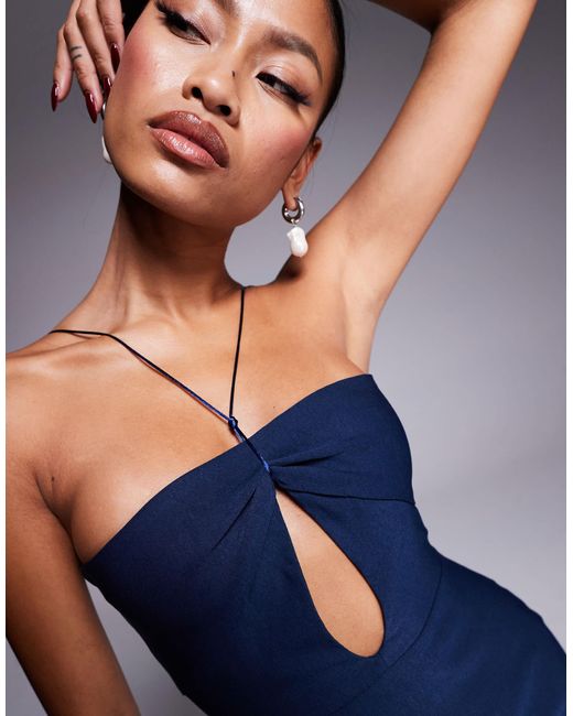 Vesper Blue Bengaline Halterneck Keyhole Detail Midaxi Dress
