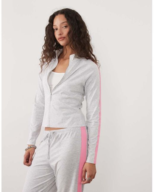 ASOS White Co-ord Fitted Zip Through Fleece With Contrast Pink Strip