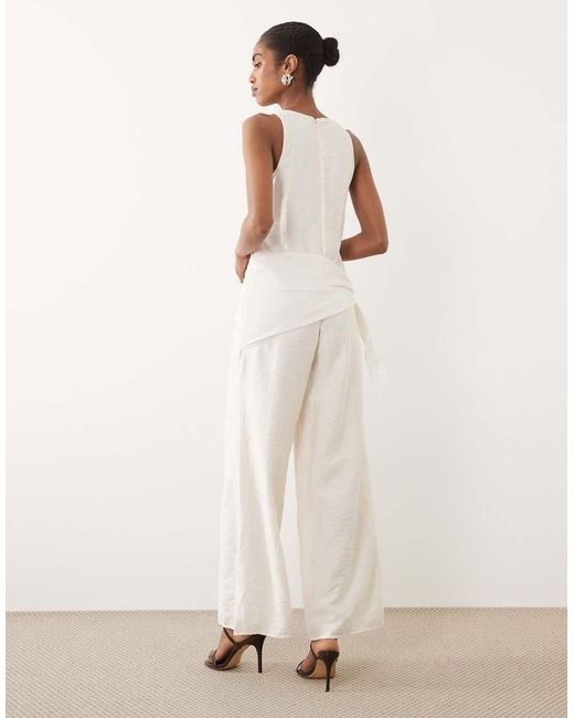 ASOS Natural Satin Crinkle Jumpsuit With Scarf Waist Detail