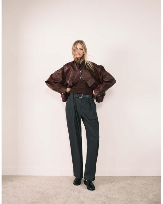 ASOS Natural Tailored High Waist Belted Straight Leg Pants