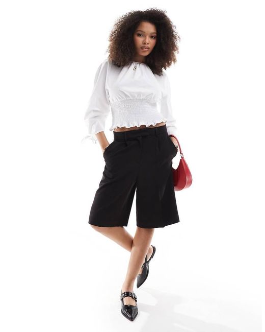 ASOS White Poplin Shirred Waist Ruched Sleeve Blouse