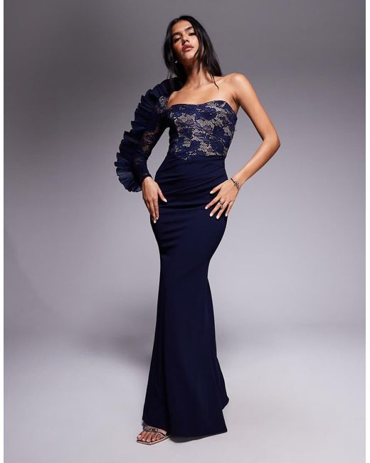 Goddiva Blue One Shoulder Organza Fan Detail Lace Bodice Maxi Dress