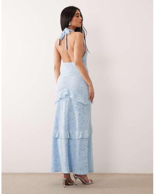 Murci Blue Lace Halterneck Plunge Tiered Ruffle Skirt Maxi Dress