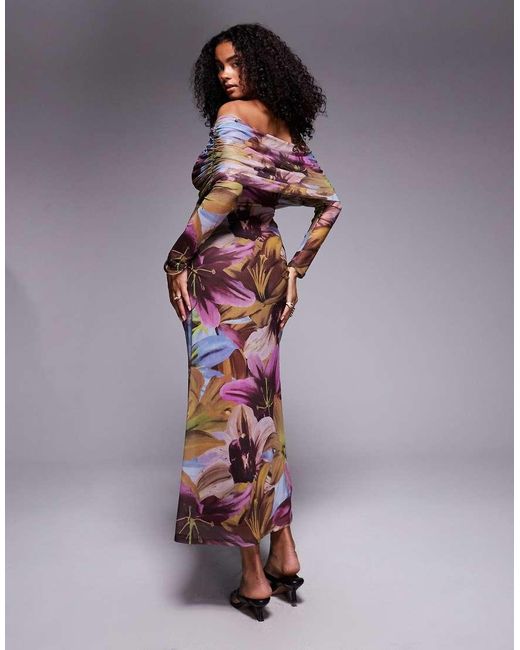 Vestido Midi De Manga Larga Con Oscuro Y Escote Bardot De ASOS de color Purple