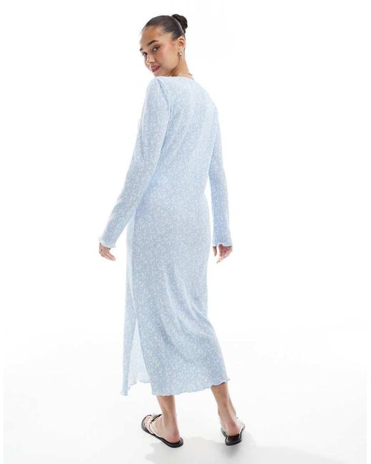 Pieces Blue Long Sleeve Plisse Midi Dress