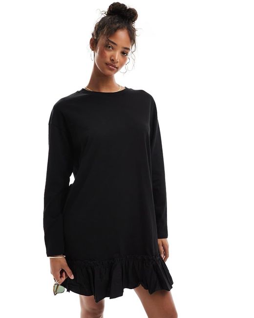Miss Selfridge Black Long Sleeve Poplin Frill Detail T-shirt Dress