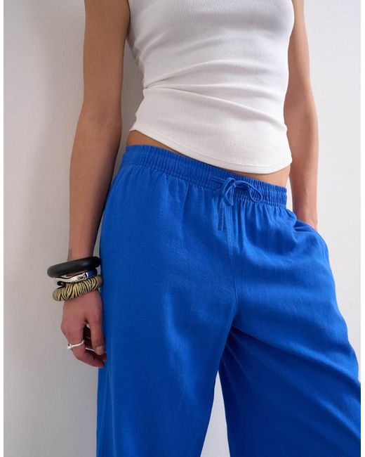 TOPSHOP Blue Linen Straight Leg Trouser With Deep Cuff