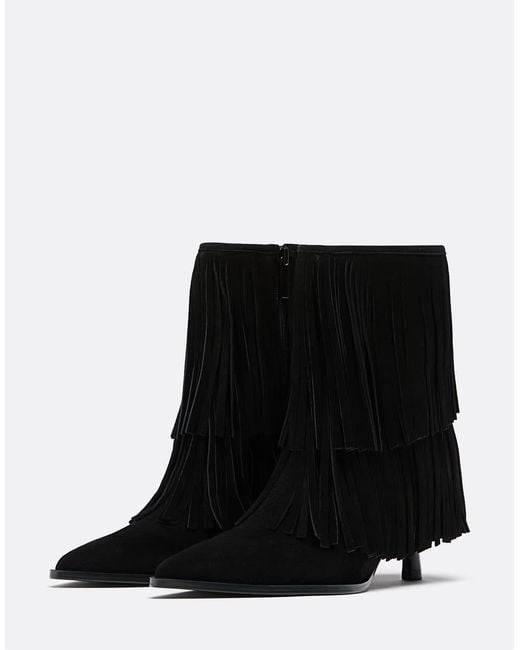 Stradivarius Black Leather Heeled Ankle Boots With Fringing