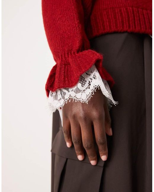 ASOS Red Knitted Cardigan With Lace Inserts Buttons