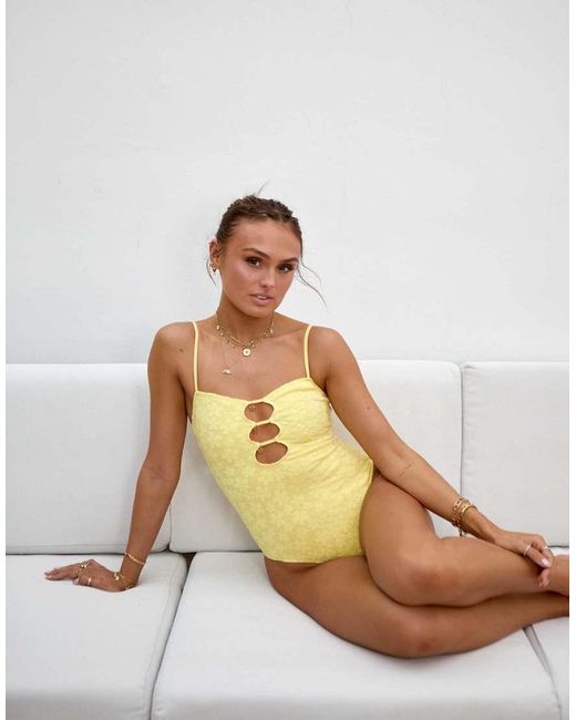 South Beach Yellow X Misha Grimes Beaded Floral Jacquard Cut Out Swimsuit