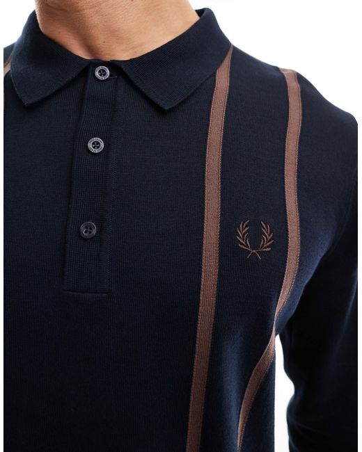 Fred Perry Blue Vertical Stripe Knitted Long Sleeve Polo for men