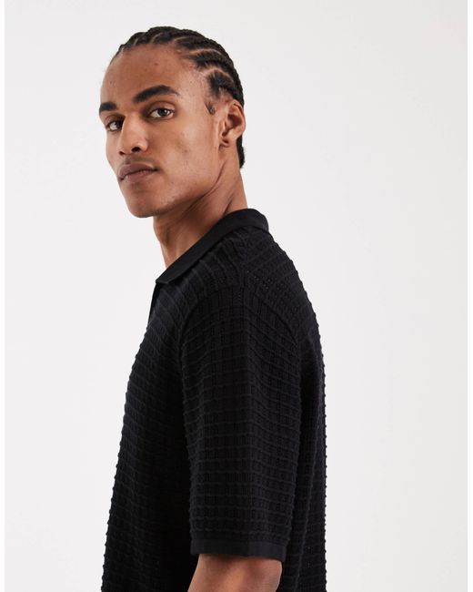 Jack & Jones Black Split Neck Knitted Polo for men