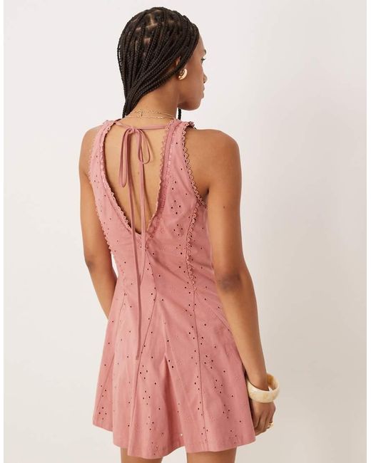 ASOS Pink Broderie Sleeveless V Neck Swing Mini Dress