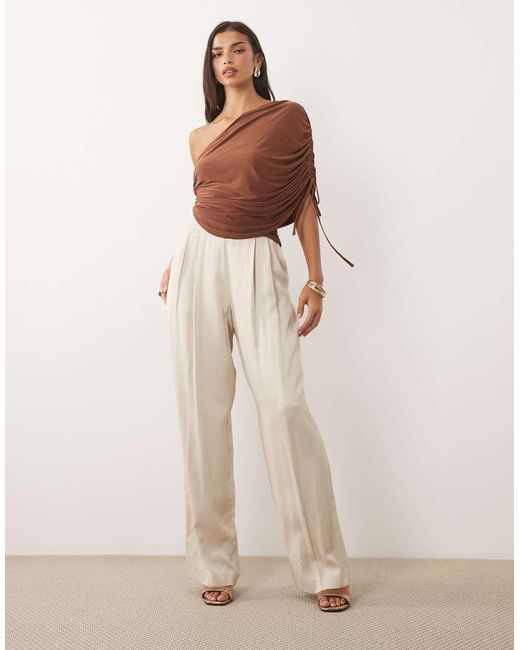ASOS Brown Slinky Draped Asymmetric Top With Ruching Detail