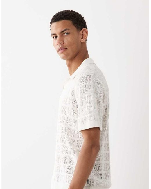 Jack & Jones White Premium Square Pattern Knit Button Down Shirt for men