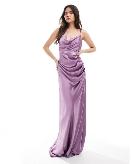 Six Stories Purple Bridesmaid Asymmetric Cowl Front Satin Maxi Dress
