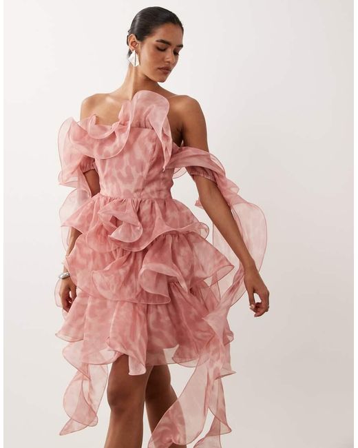 ASOS Pink Textured Organza Wired Ruffle Off-shoulder Mini Dress