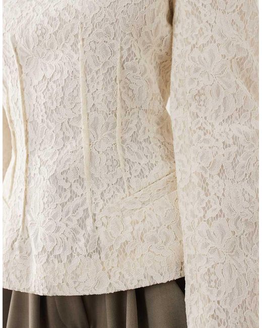 ARRANGE Natural High Neck Lace Cinched Long Sleeve Top